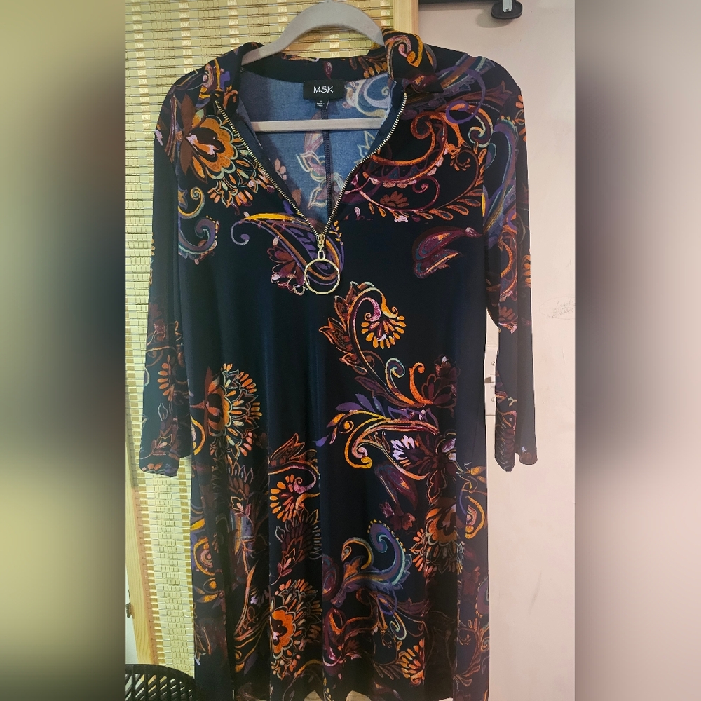 MSK Women's Black Dress with Vibrant Floral Swirls Zip Collar A Line Large